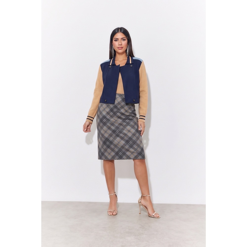 Cabi Oufit Navy Camel Varsity Cardigan and Plaid Pencil Skirt Set 2 Piece Set